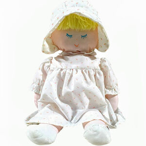 Vtg Eden Toys Cloth Prairie Doll Blonde Yarn Hair Floral Rosebud Dress Bonnet